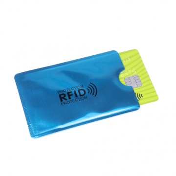 Blaue Sicherheitshülle für die kotaktlose Karte, die RFID und NFC Signale blockiert